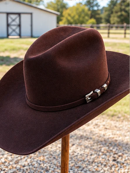A rich brown western hat with a shaped crown, broad brim and narrow band with silver-tone accents