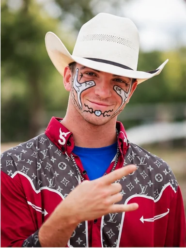 A person wearing a light-colored ventilated western hat with lifted brim edges and a dark band
