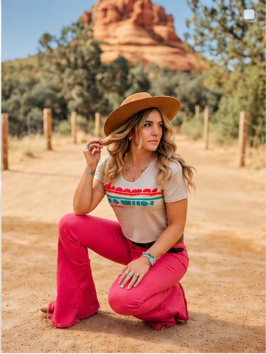 A woman wearing a warm tan broad-brimmed hat in a desert setting