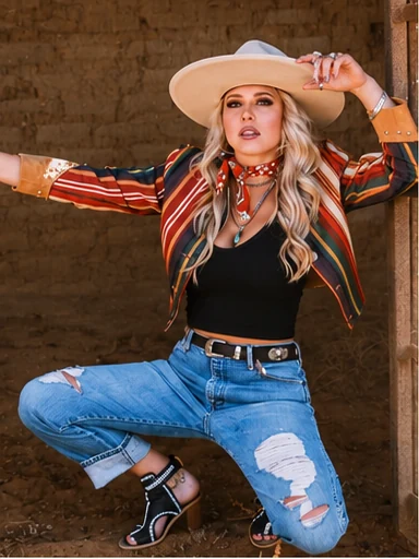 A woman wearing a light-colored western hat and a colorful striped jacket