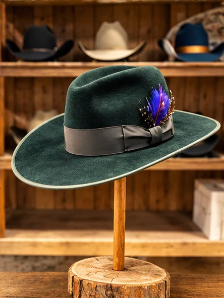 A forest-green hat with a shaped crown, gray ribbon bow band and colorful feather accents
