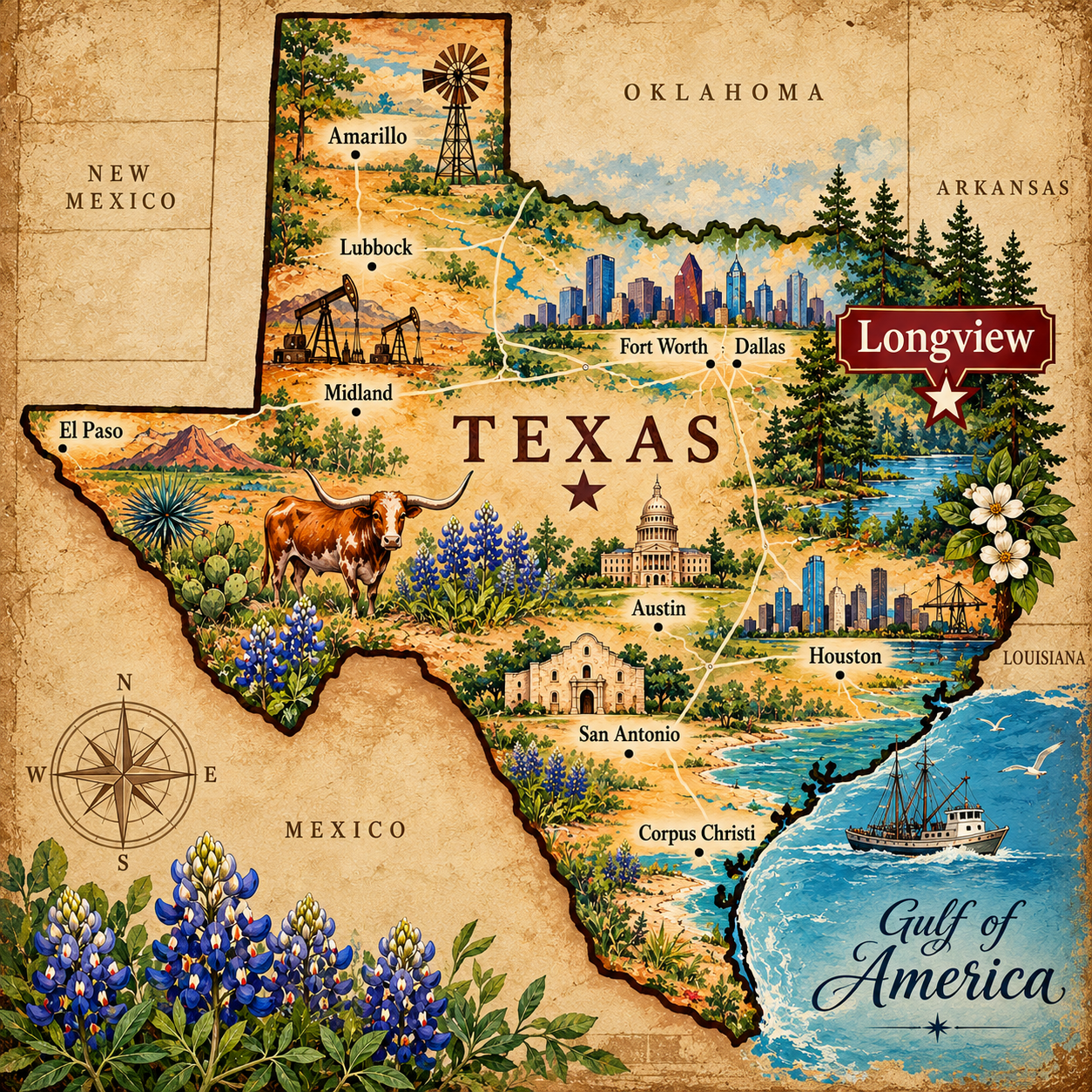 Vintage-style illustrated Texas map highlighting Longview in East Texas