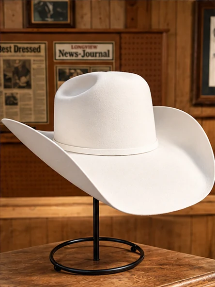 A white western hat with a tall shaped crown, sweeping upturned brim and narrow matching band